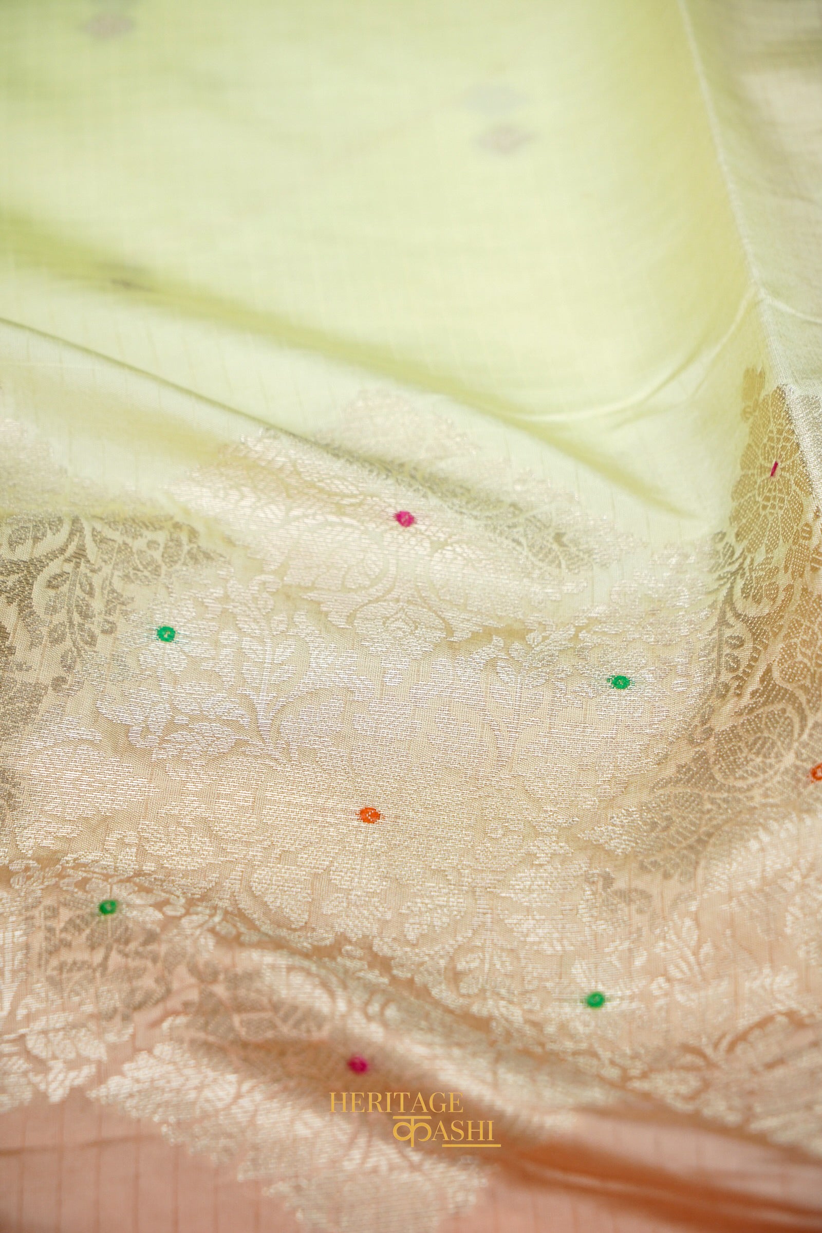 Ivory Yellow & Peach Pink Katan Silk Banarasi Saree with Floral Zari Divider