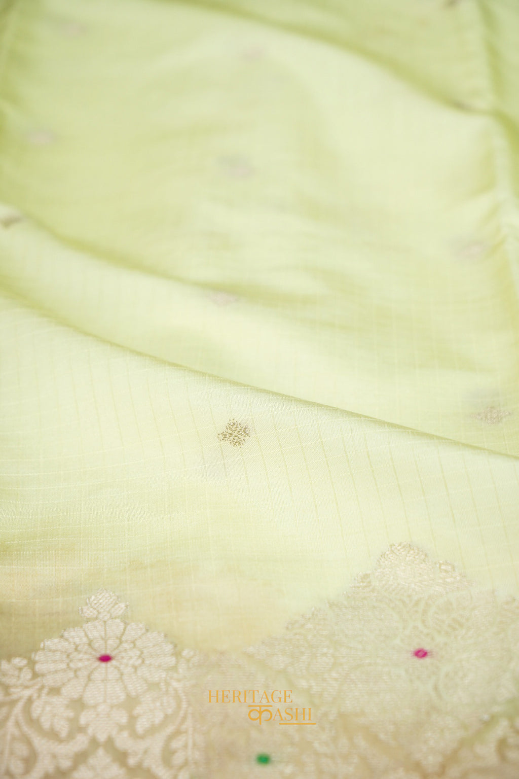 Ivory Yellow & Peach Pink Katan Silk Banarasi Saree with Floral Zari Divider