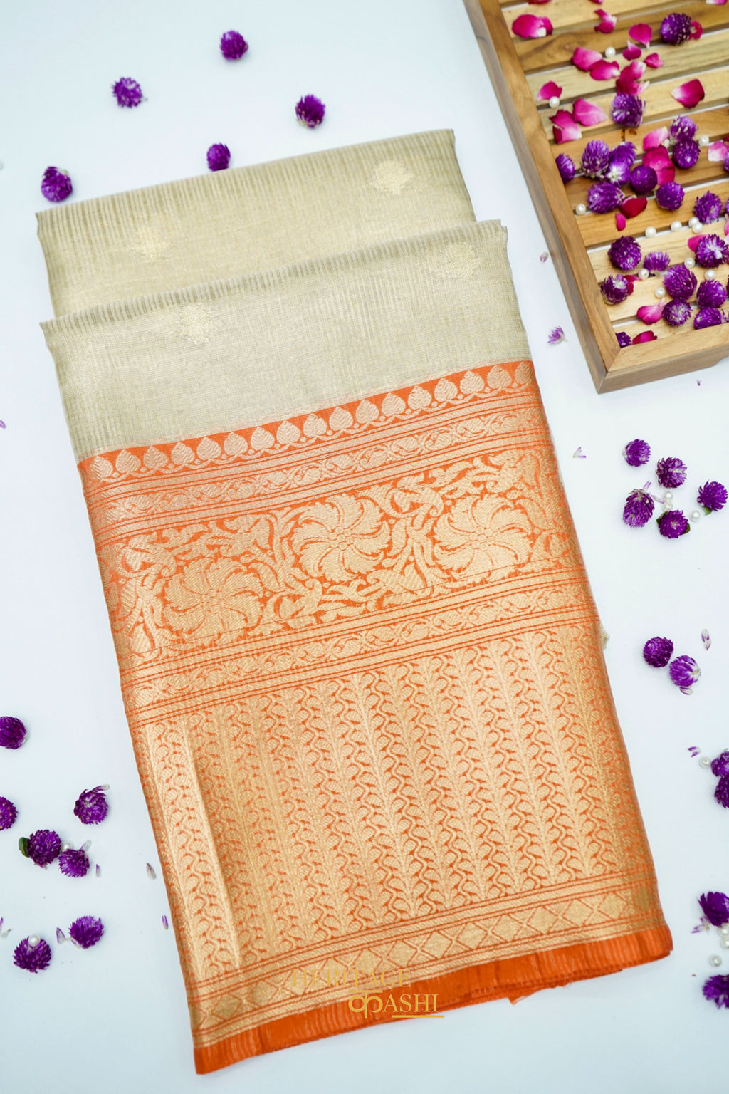 Ivory Tissue Kota Zari Buti Banarasi Silk Saree with Orange Zari Border