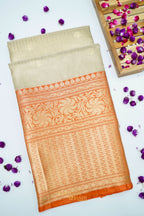 Ivory Tissue Kota Zari Buti Banarasi Silk Saree with Orange Zari Border