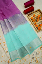 Purple & Aqua Blue Katan Silk Banarasi Saree with Floral Zari Divider
