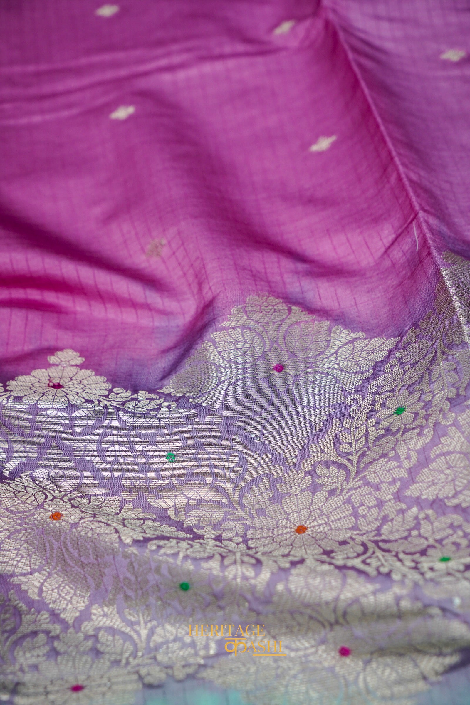 Purple & Aqua Blue Katan Silk Banarasi Saree with Floral Zari Divider