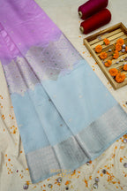 Lavender & Powder Blue Katan Silk Banarasi Saree with Floral Zari Divider