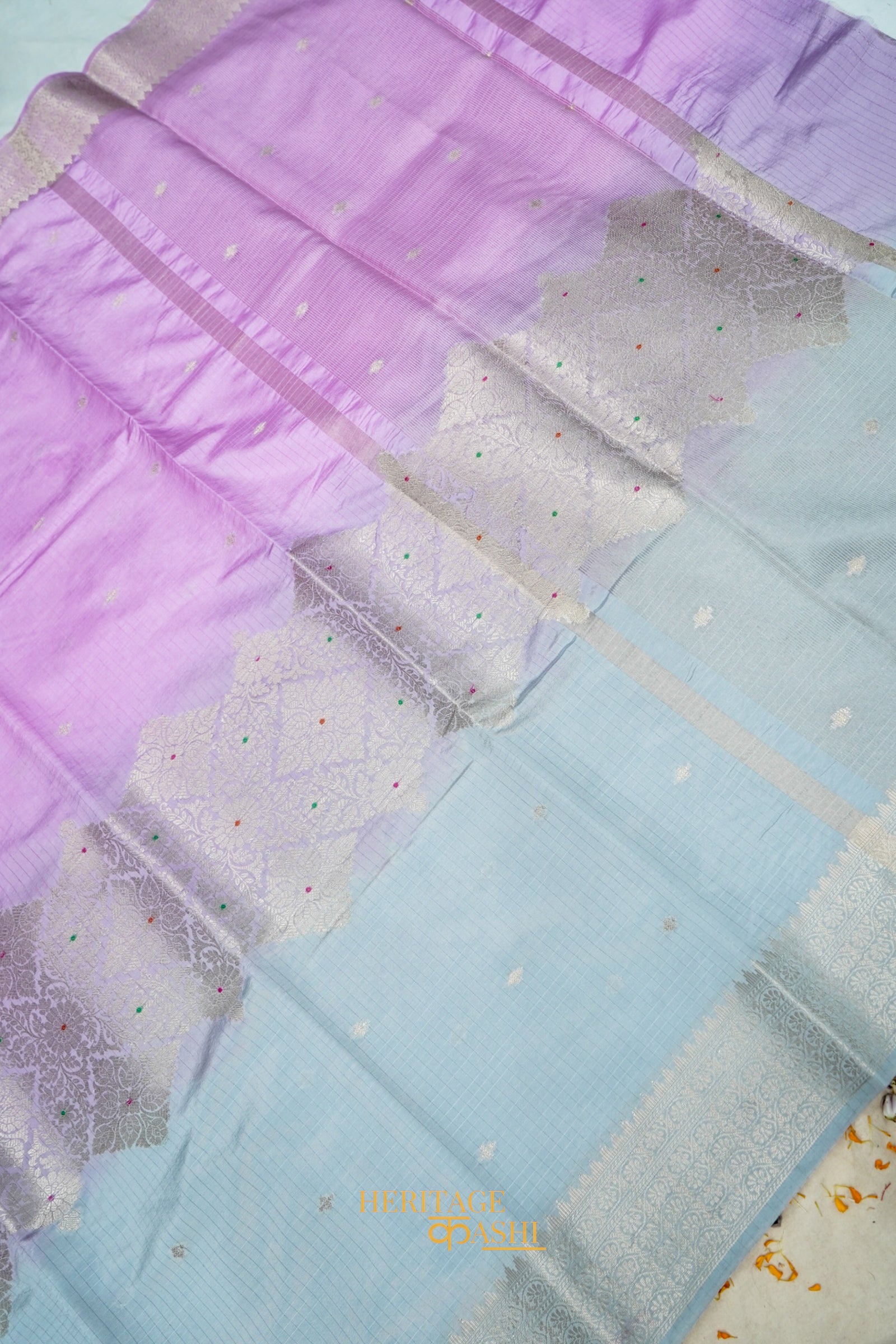 Lavender & Powder Blue Katan Silk Banarasi Saree with Floral Zari Divider