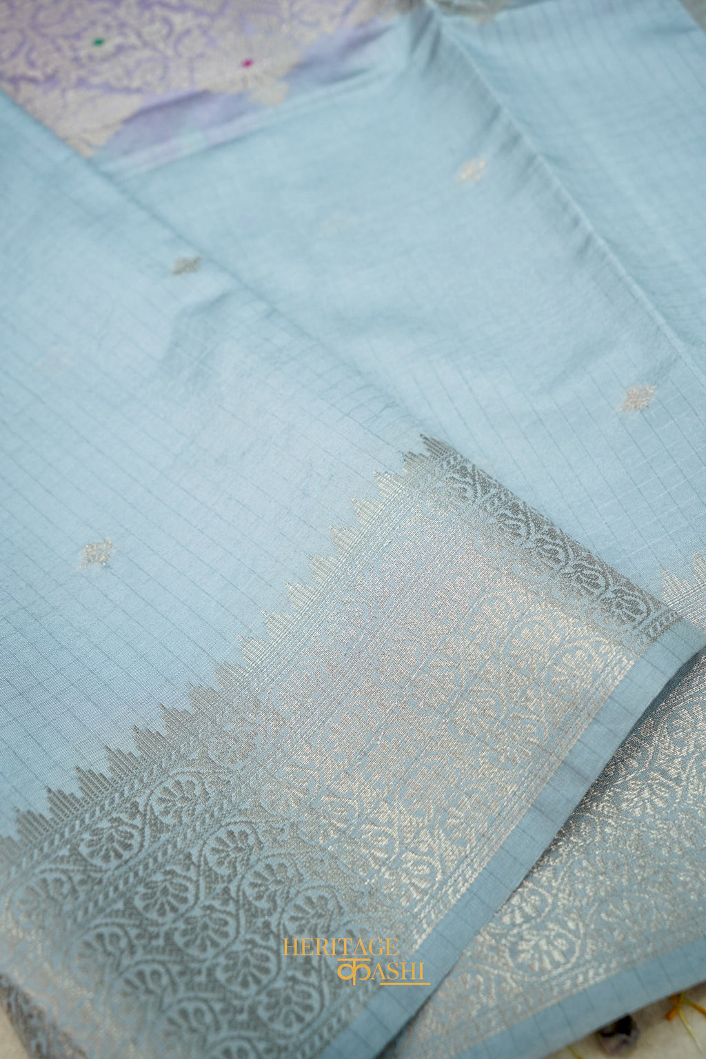 Lavender & Powder Blue Katan Silk Banarasi Saree with Floral Zari Divider