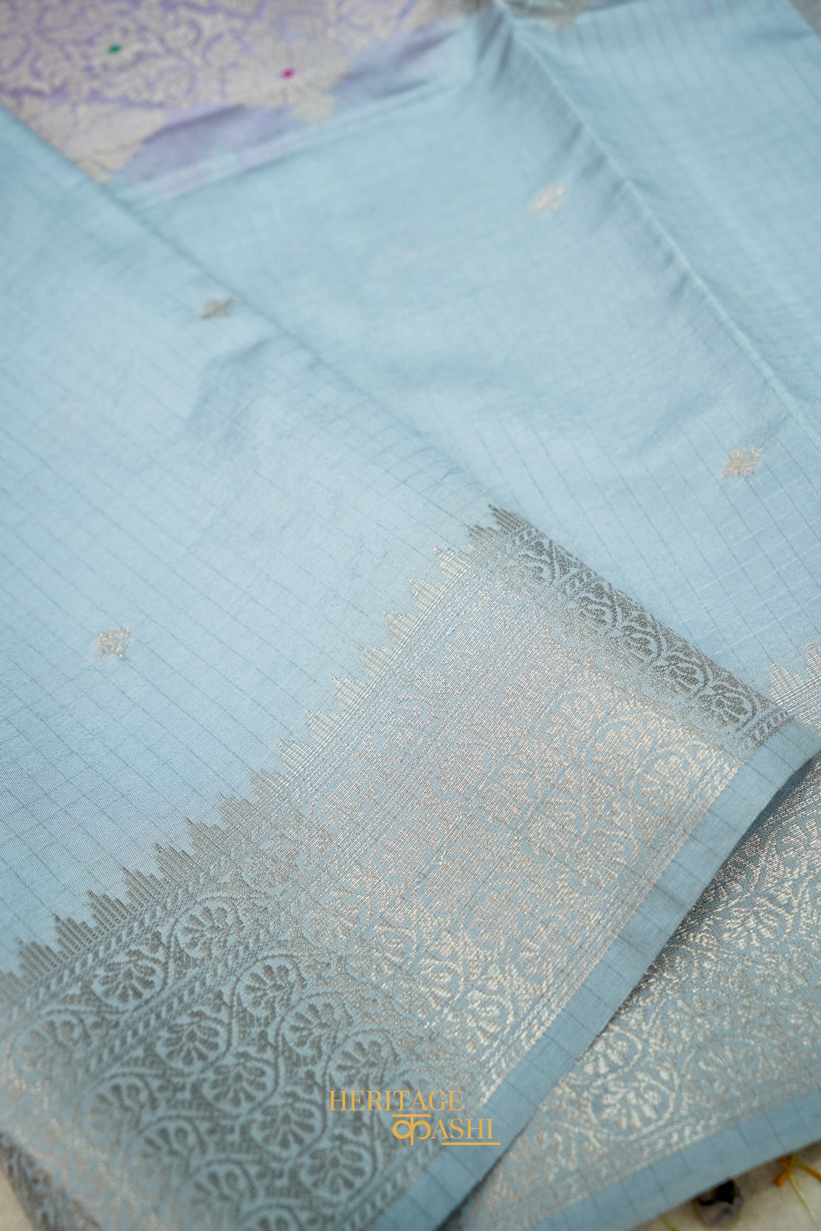 Lavender & Powder Blue Katan Silk Banarasi Saree with Floral Zari Divider