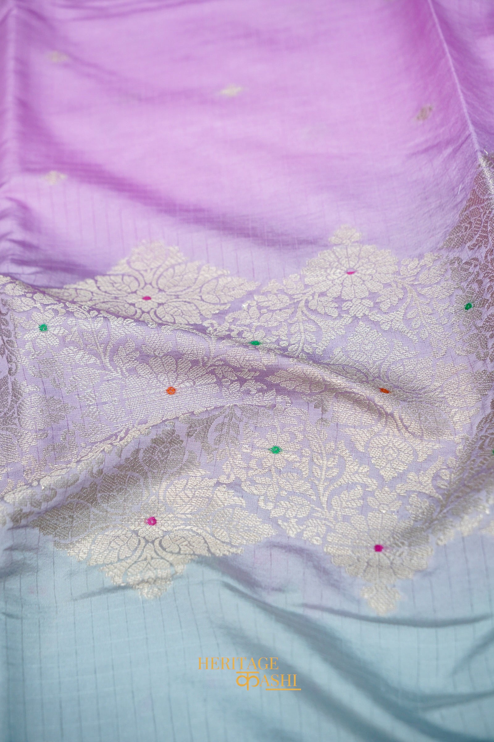 Lavender & Powder Blue Katan Silk Banarasi Saree with Floral Zari Divider