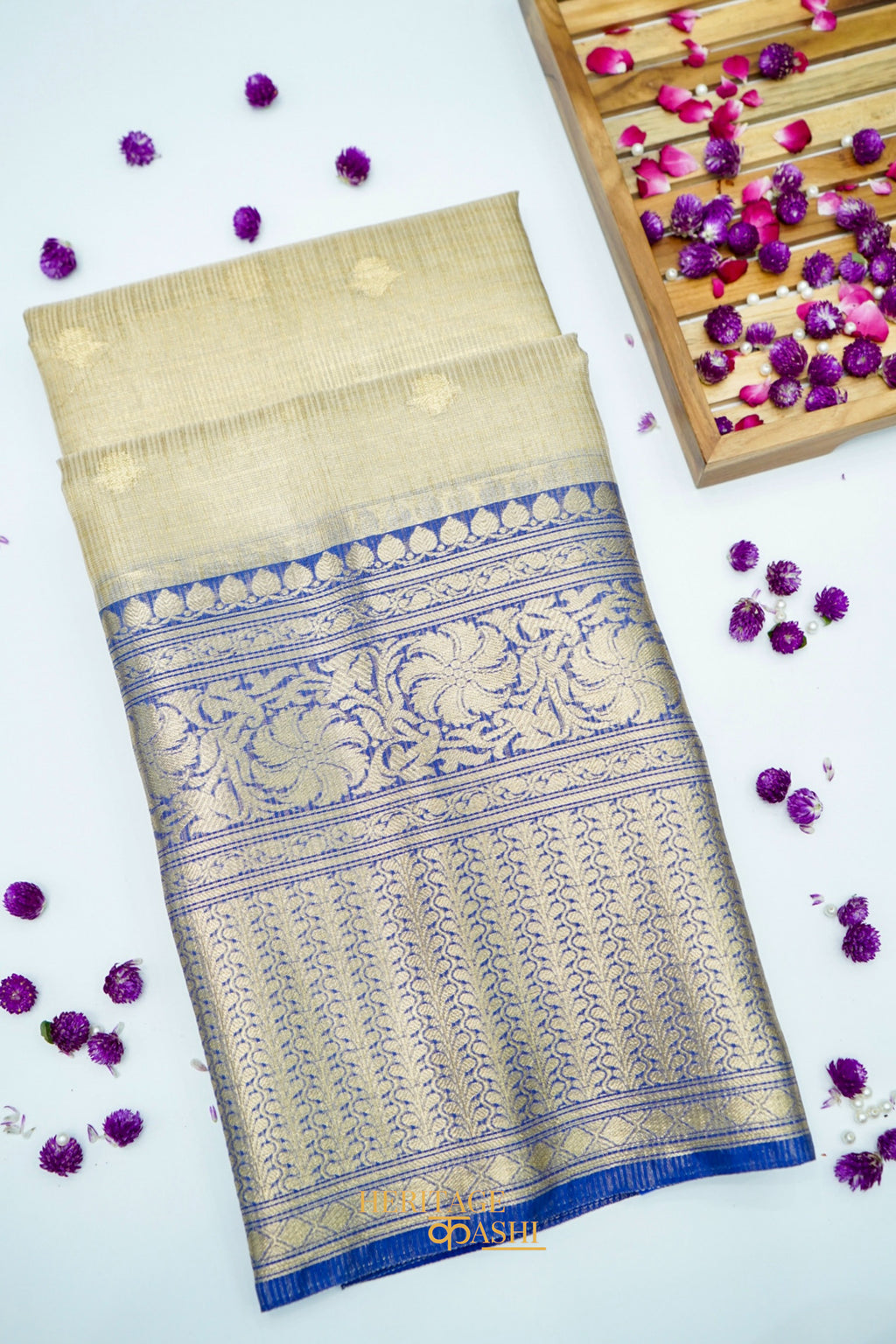 Ivory Tissue Kota Banarasi Silk Saree with Blue Zari Border & Zari Buti.