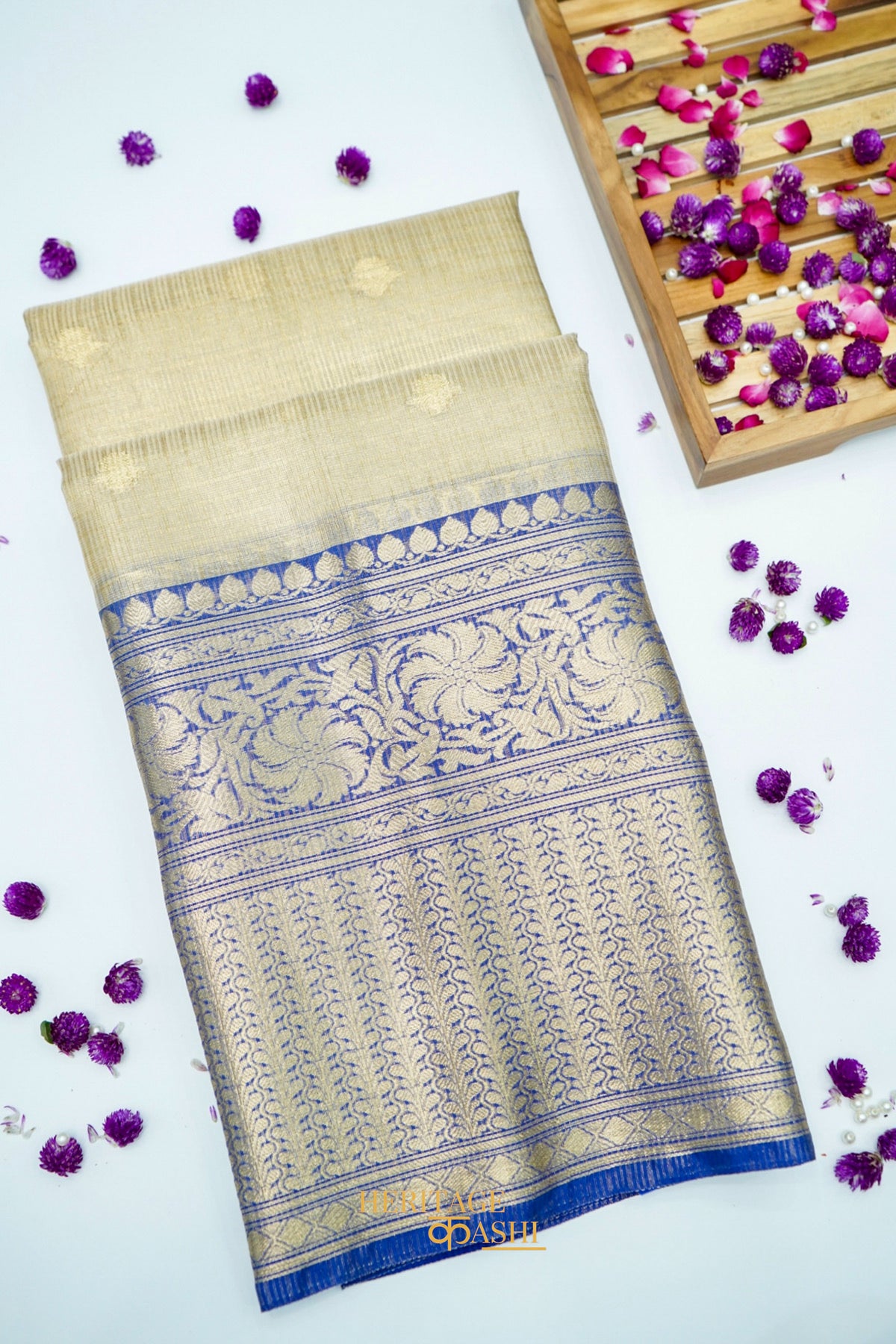 Ivory Tissue Kota Banarasi Silk Saree with Blue Zari Border & Zari Buti.