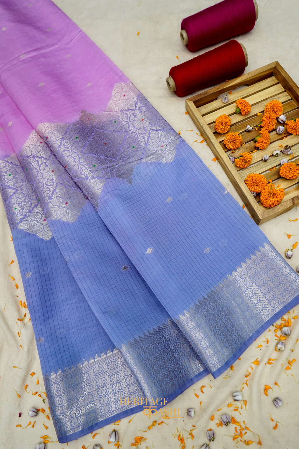 Lavender & Royal Blue Katan Silk Banarasi Saree with Floral Zari Divider