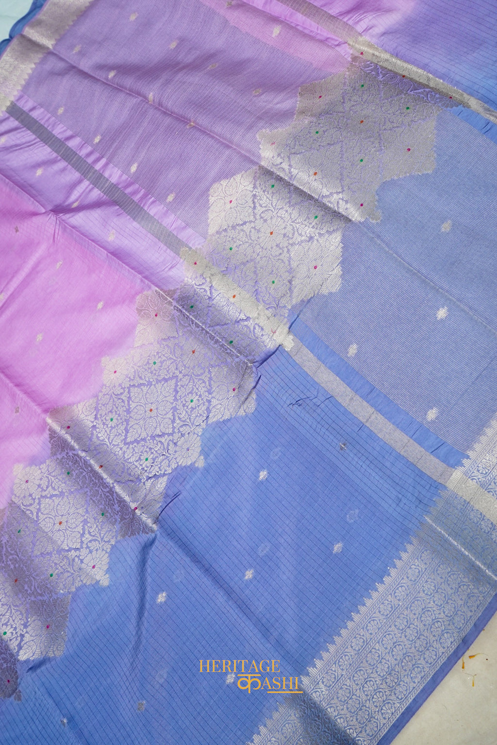 Lavender & Royal Blue Katan Silk Banarasi Saree with Floral Zari Divider