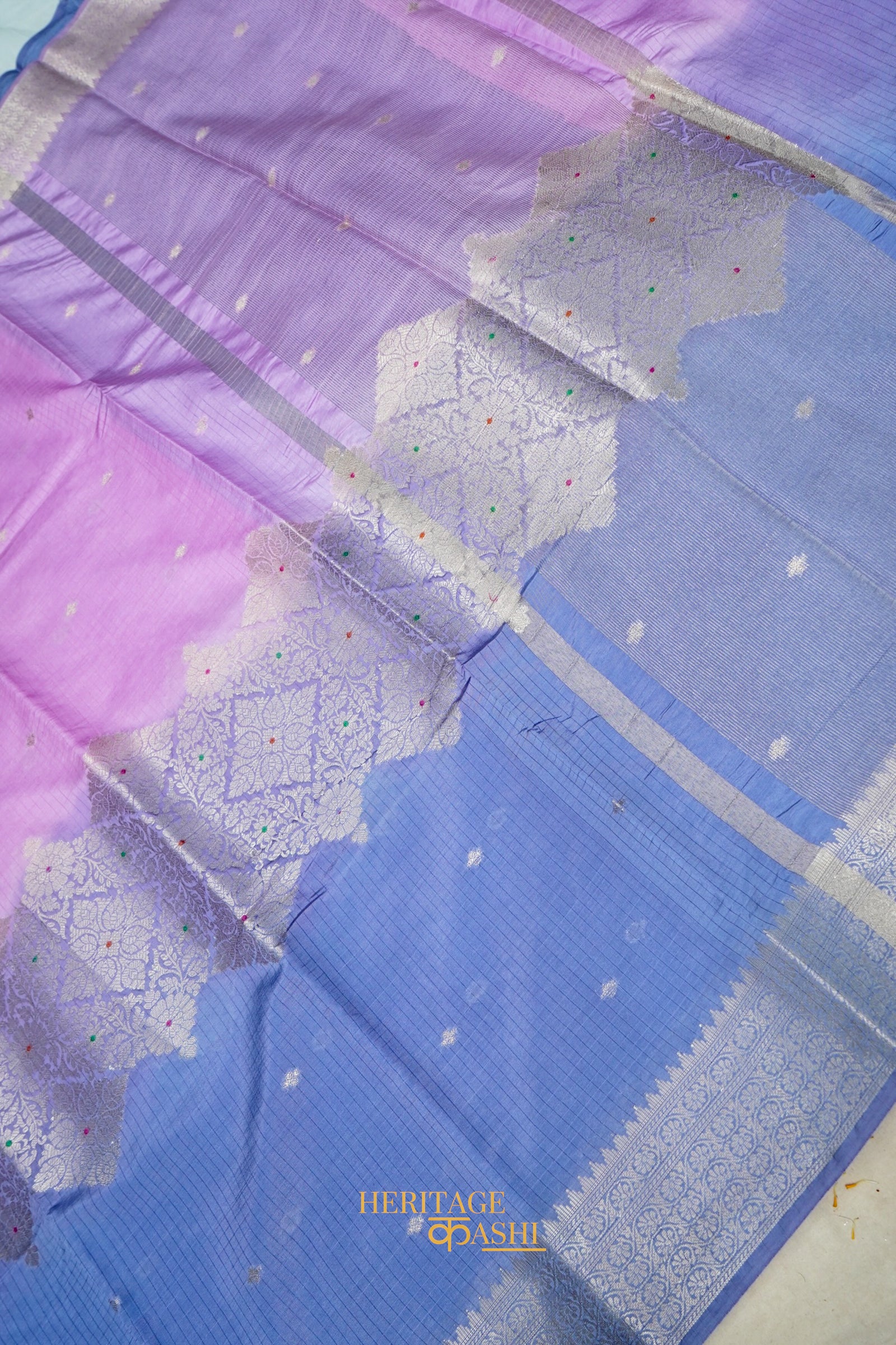 Lavender & Royal Blue Katan Silk Banarasi Saree with Floral Zari Divider