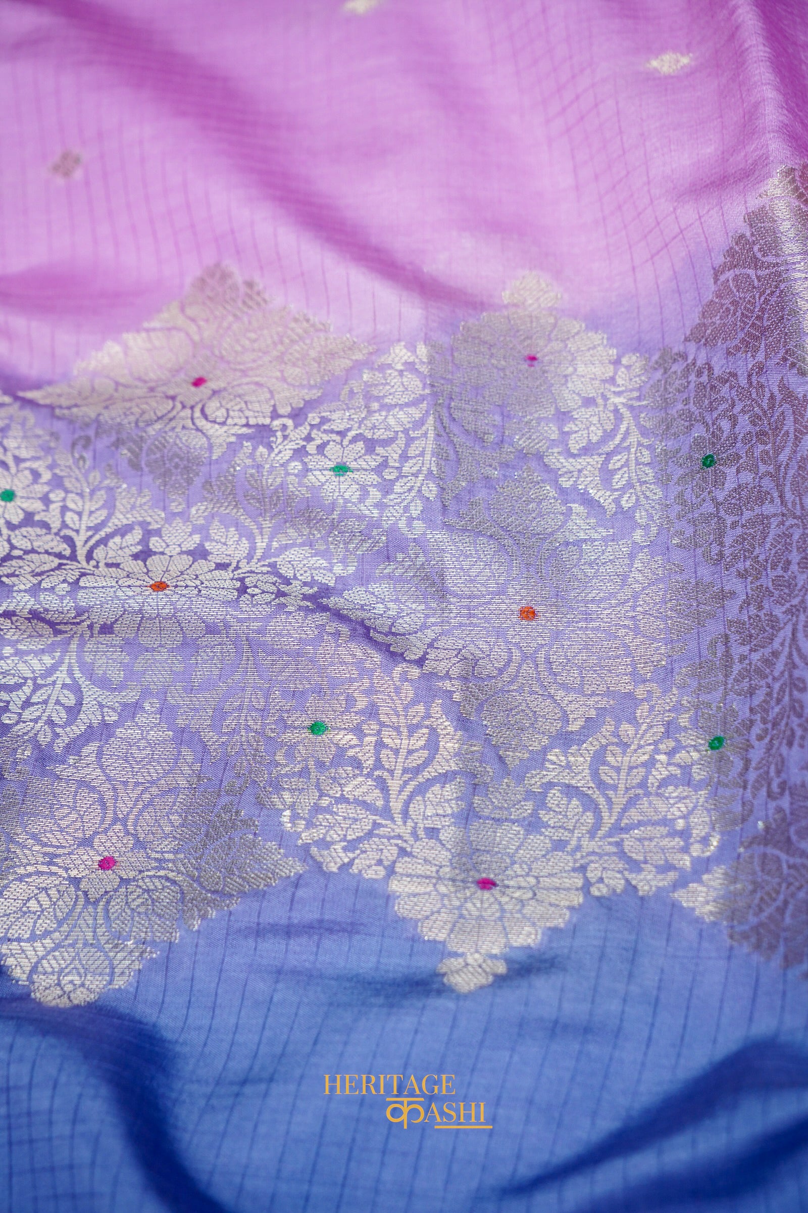 Lavender & Royal Blue Katan Silk Banarasi Saree with Floral Zari Divider