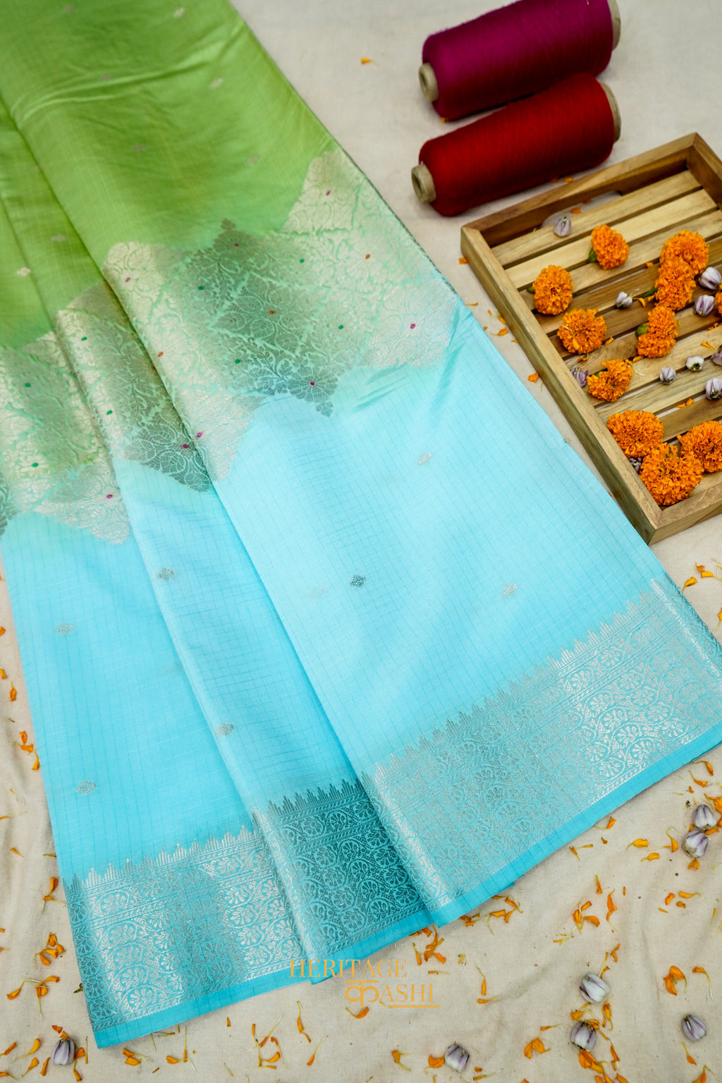 Pista Green & Aqua Blue Katan Silk Banarasi Saree with Floral Zari Divider