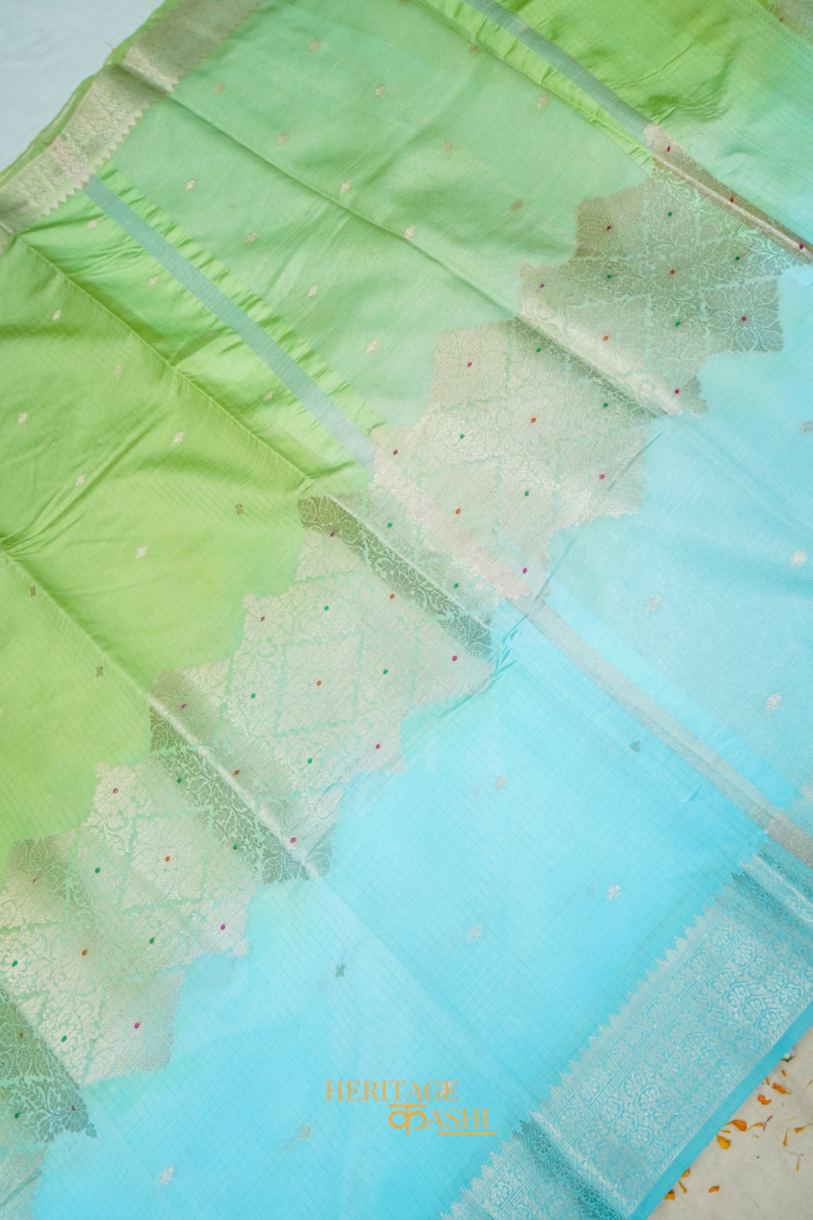 Pista Green & Aqua Blue Katan Silk Banarasi Saree with Floral Zari Divider
