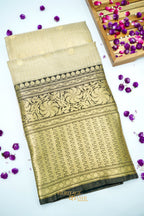 Ivory Tissue Kota Zari Buti Banarasi Silk Saree with Black Zari Border