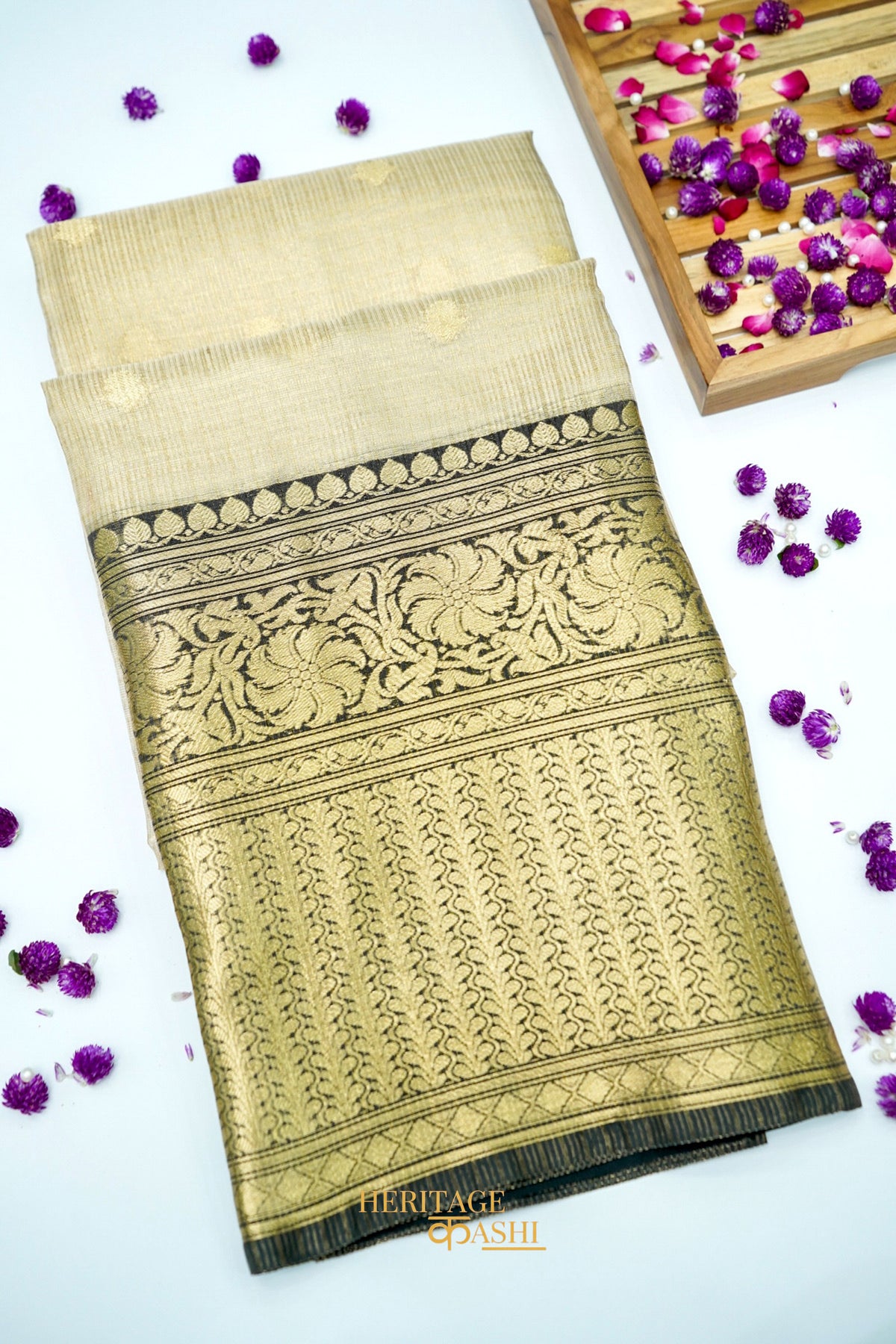 Ivory Tissue Kota Zari Buti Banarasi Silk Saree with Black Zari Border
