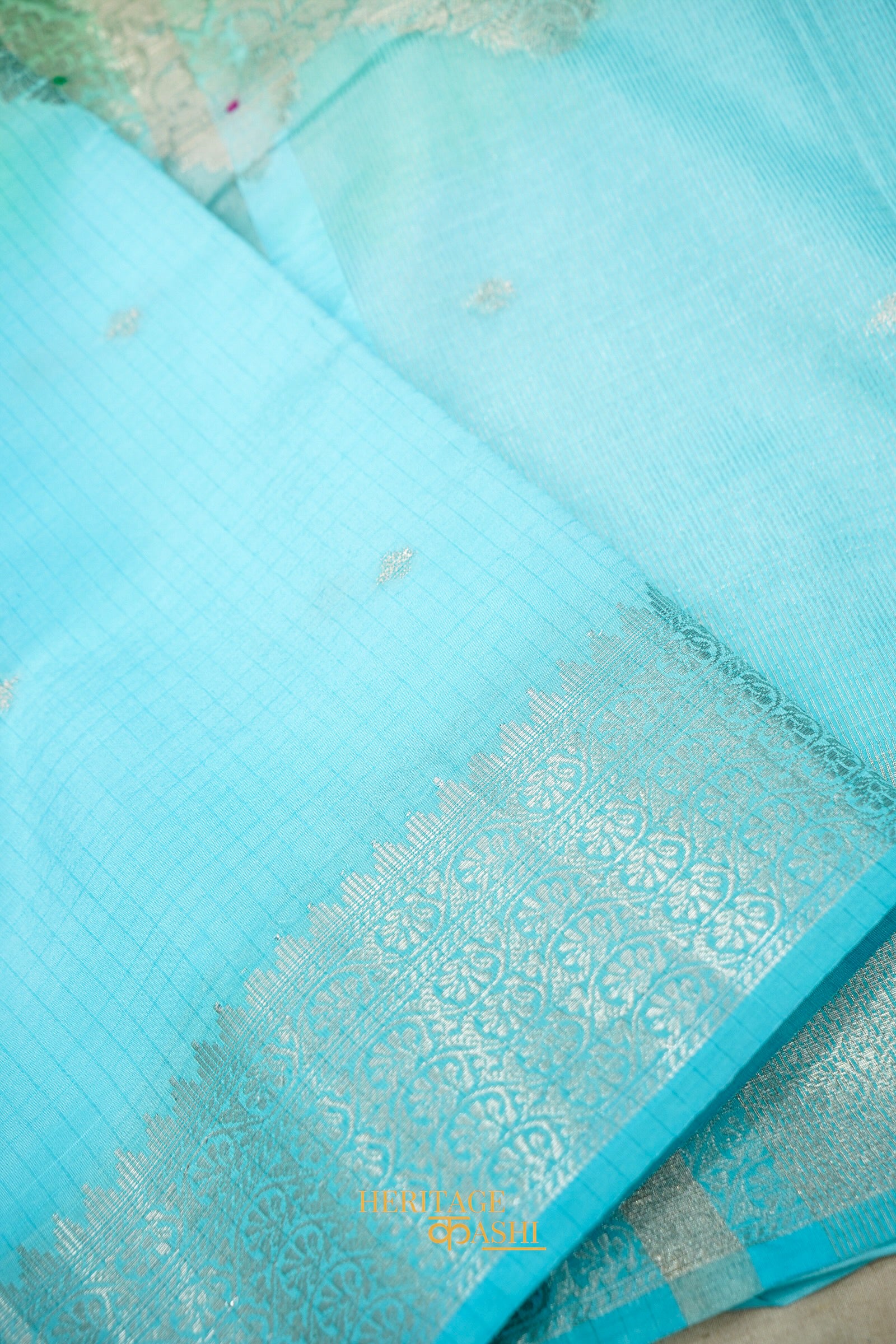 Pista Green & Aqua Blue Katan Silk Banarasi Saree with Floral Zari Divider