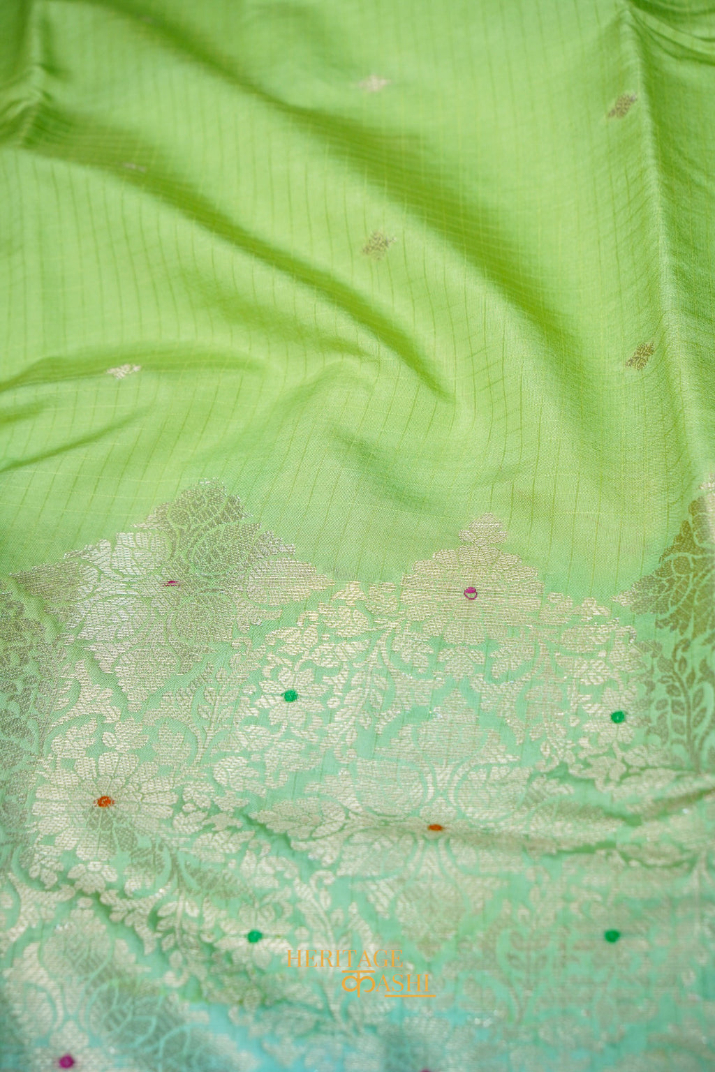 Pista Green & Aqua Blue Katan Silk Banarasi Saree with Floral Zari Divider
