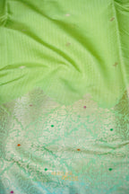 Pista Green & Aqua Blue Katan Silk Banarasi Saree with Floral Zari Divider