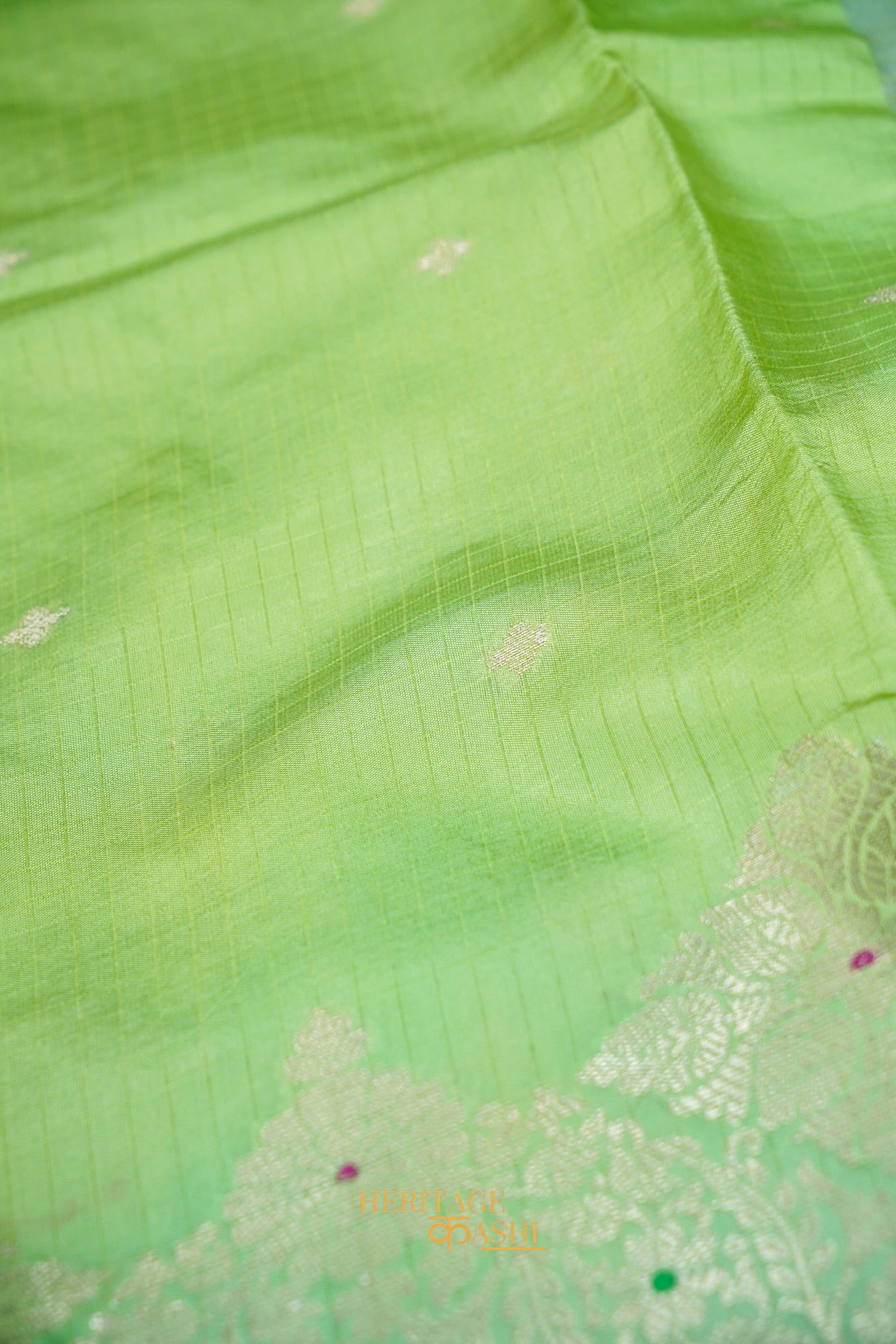 Pista Green & Aqua Blue Katan Silk Banarasi Saree with Floral Zari Divider