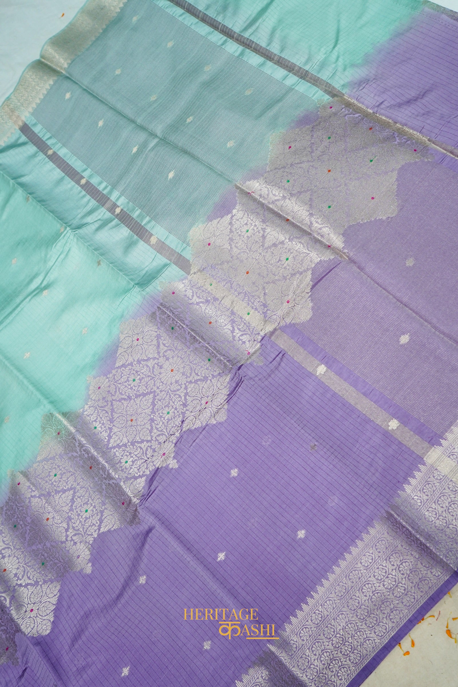 Aqua Blue & Lavender Katan Silk Banarasi Saree with Floral Zari Divider