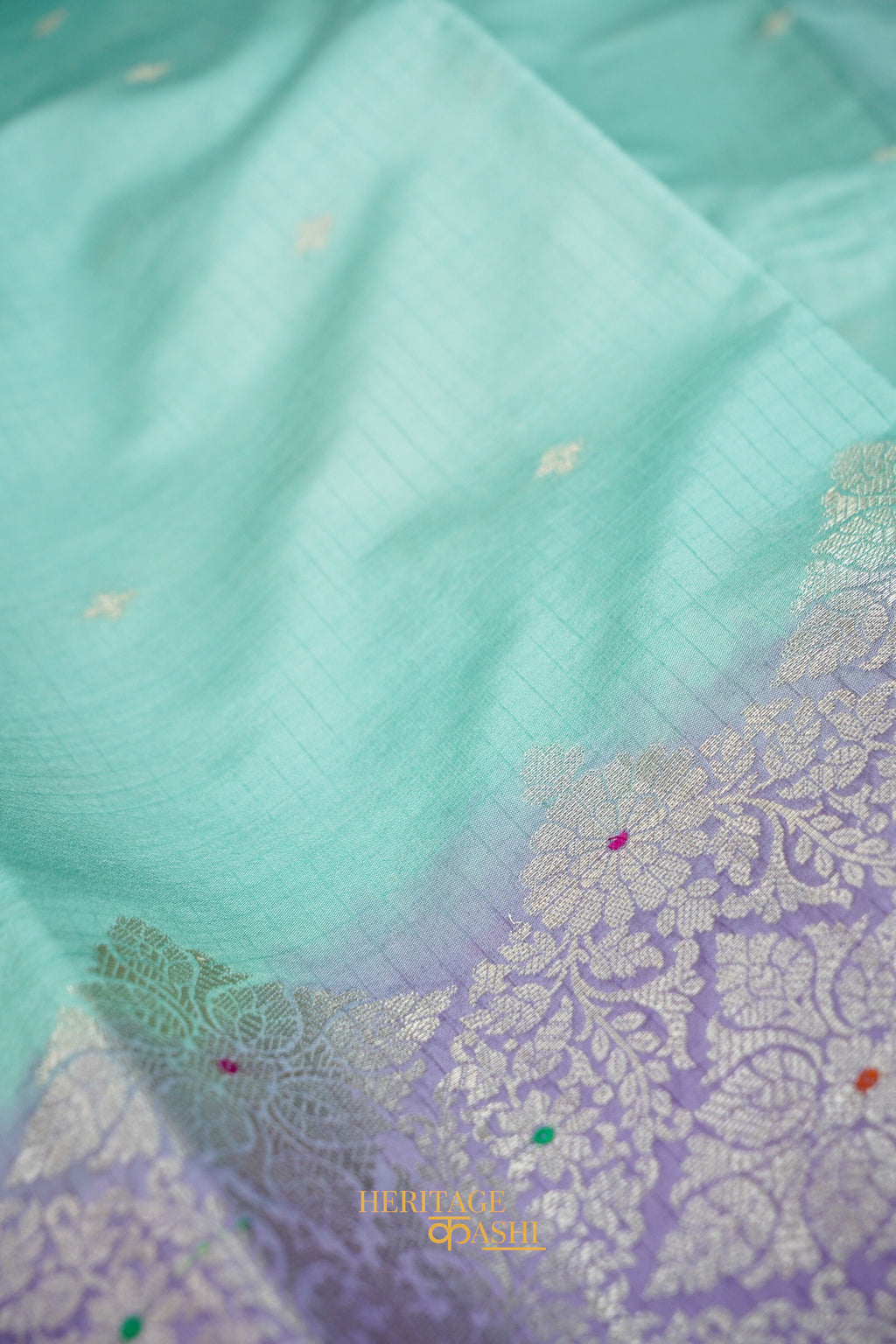 Aqua Blue & Lavender Katan Silk Banarasi Saree with Floral Zari Divider