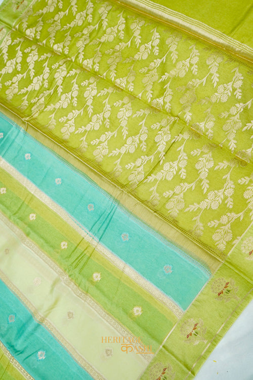 Aqua Mint & Lime Green Viscose Rangkat Silk Saree