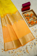 Sunshine Yellow & Peach Katan Silk Banarasi Saree with Floral Zari Divider