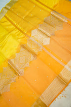 Sunshine Yellow & Peach Katan Silk Banarasi Saree with Floral Zari Divider