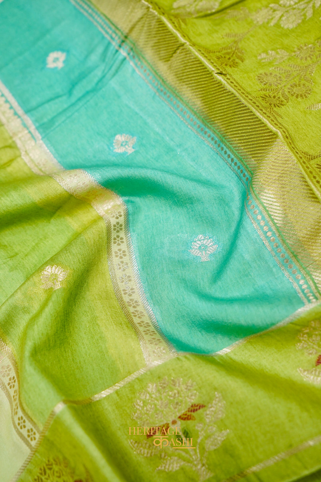 Aqua Mint & Lime Green Viscose Rangkat Silk Saree