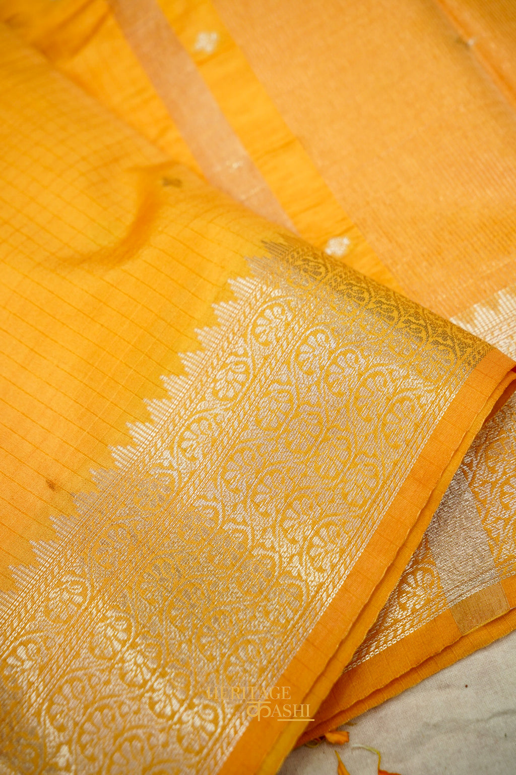 Sunshine Yellow & Peach Katan Silk Banarasi Saree with Floral Zari Divider