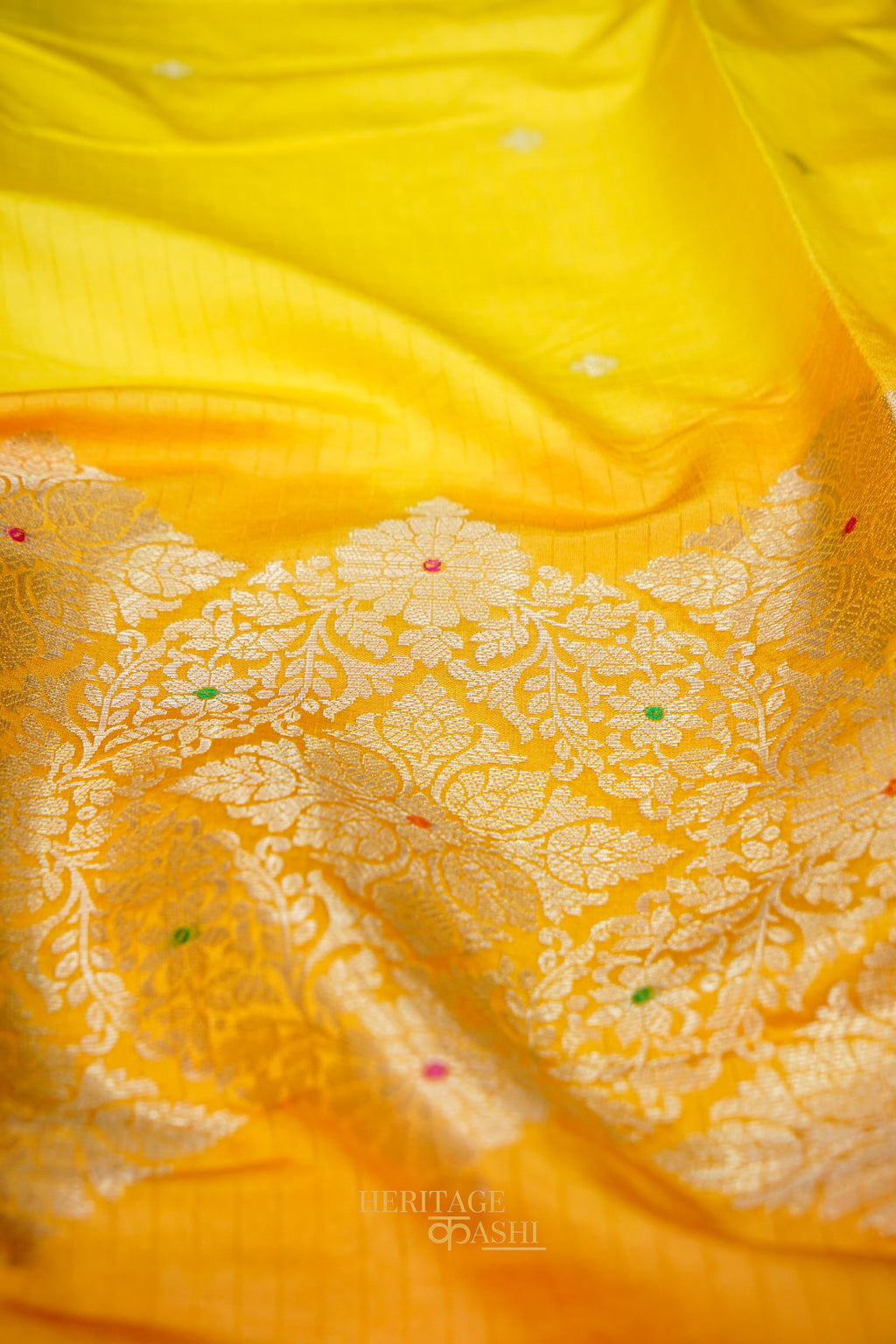 Sunshine Yellow & Peach Katan Silk Banarasi Saree with Floral Zari Divider