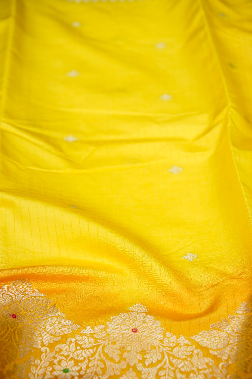 Sunshine Yellow & Peach Katan Silk Banarasi Saree with Floral Zari Divider