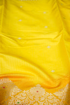 Sunshine Yellow & Peach Katan Silk Banarasi Saree with Floral Zari Divider