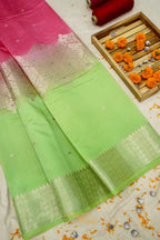 Rani Pink & Pista Green Katan Silk Banarasi Saree with Floral Zari Divider