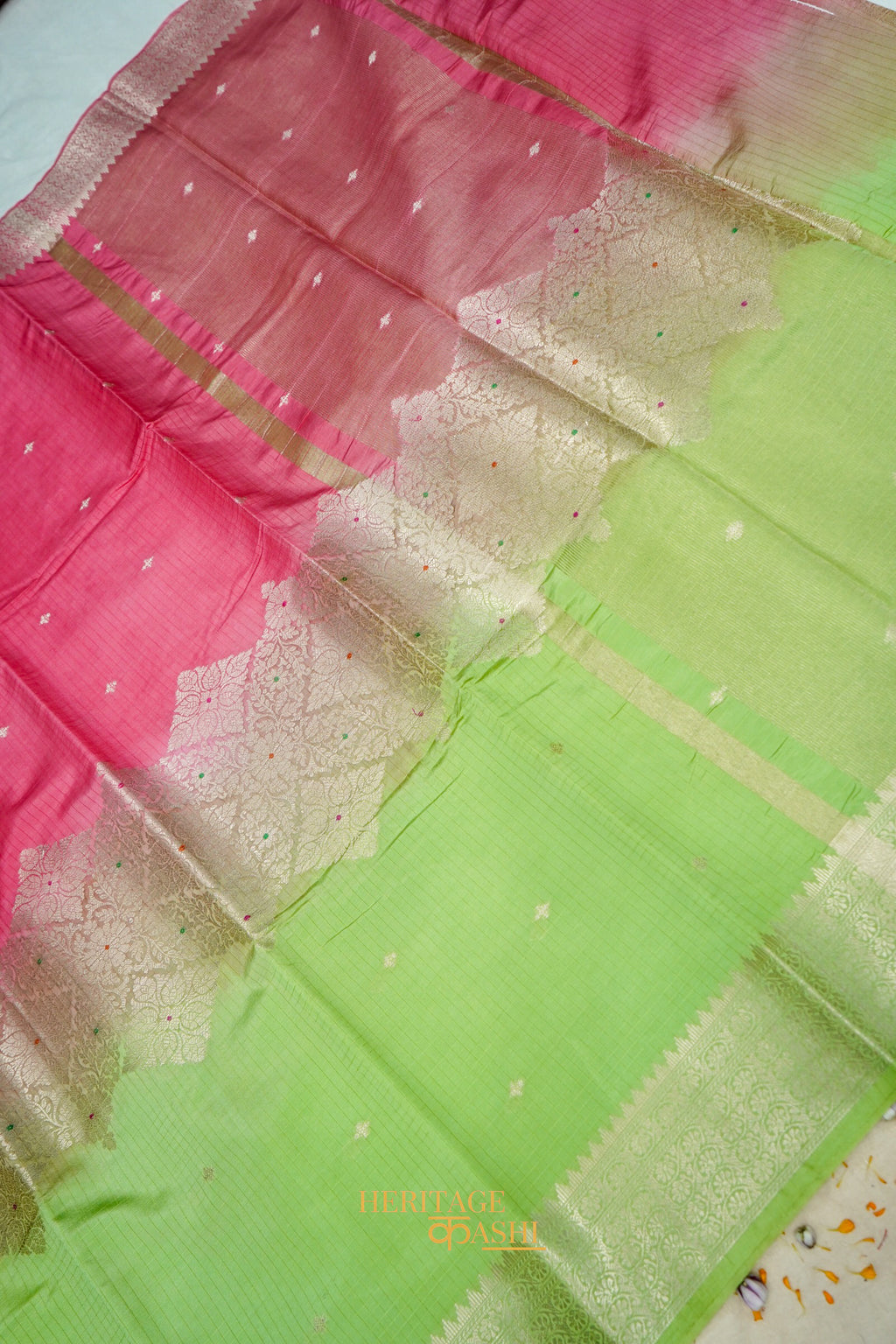 Rani Pink & Pista Green Katan Silk Banarasi Saree with Floral Zari Divider