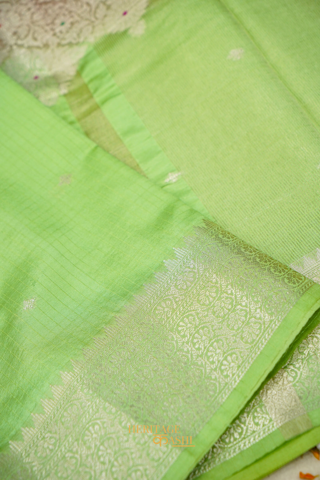 Rani Pink & Pista Green Katan Silk Banarasi Saree with Floral Zari Divider