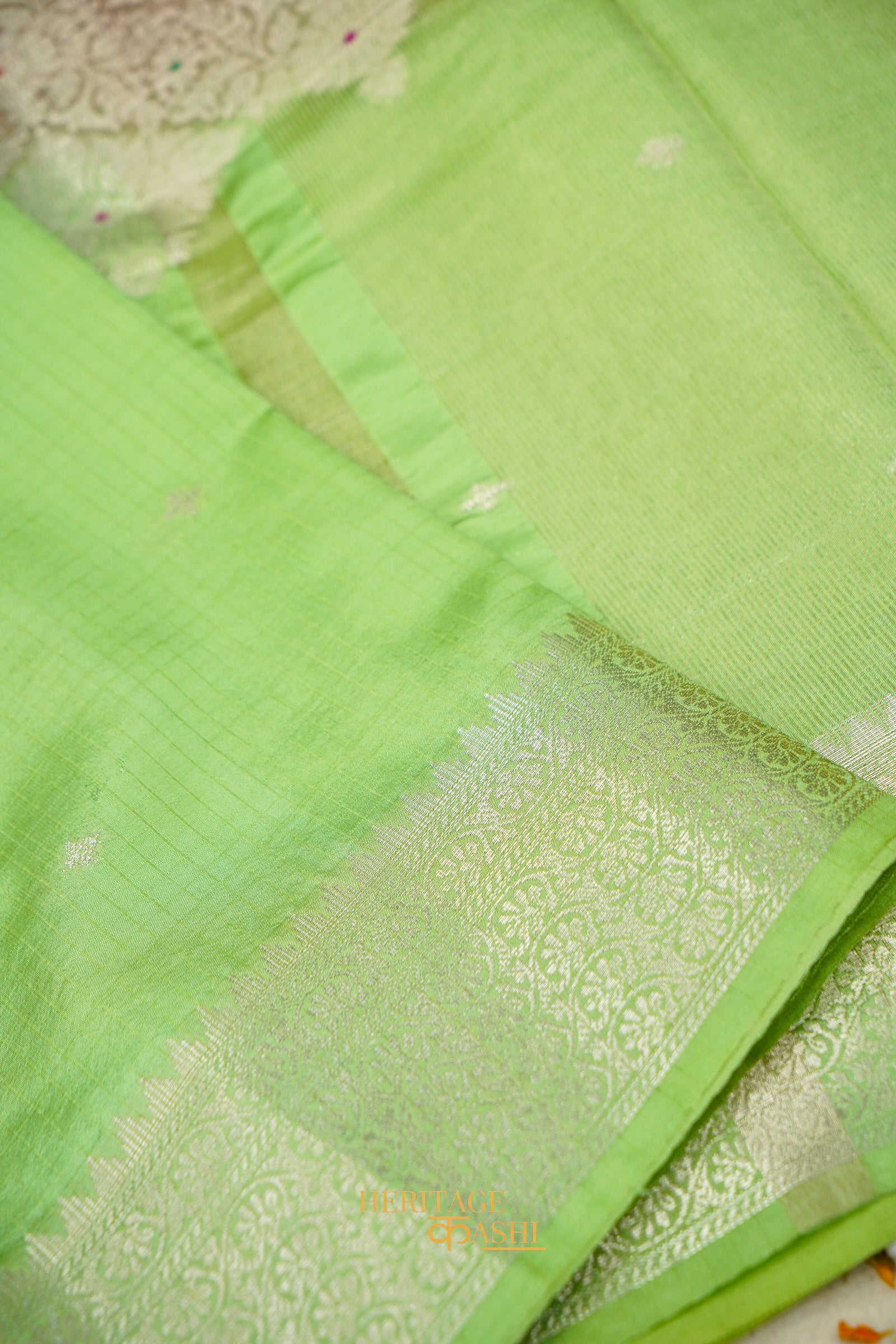 Rani Pink & Pista Green Katan Silk Banarasi Saree with Floral Zari Divider