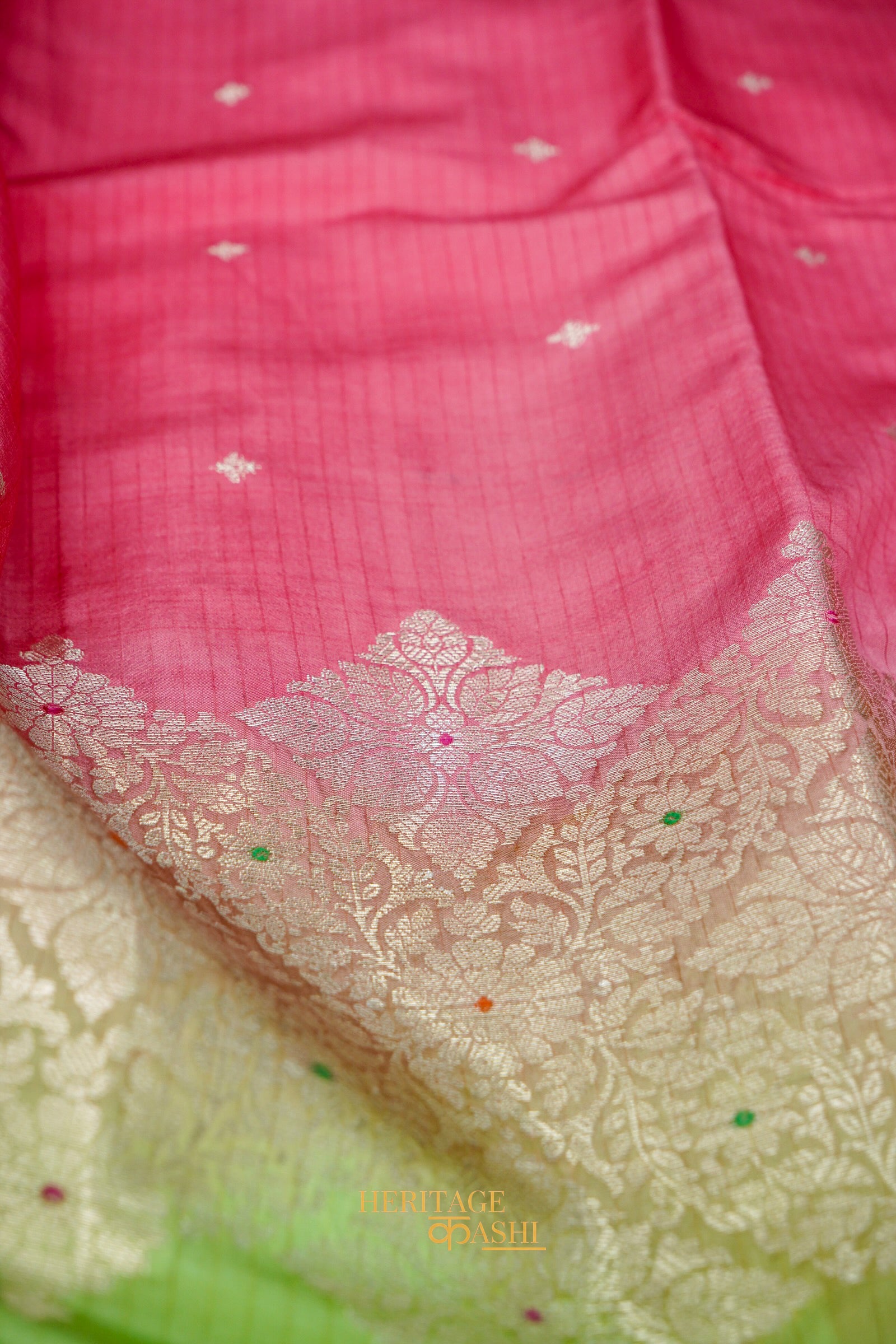 Rani Pink & Pista Green Katan Silk Banarasi Saree with Floral Zari Divider