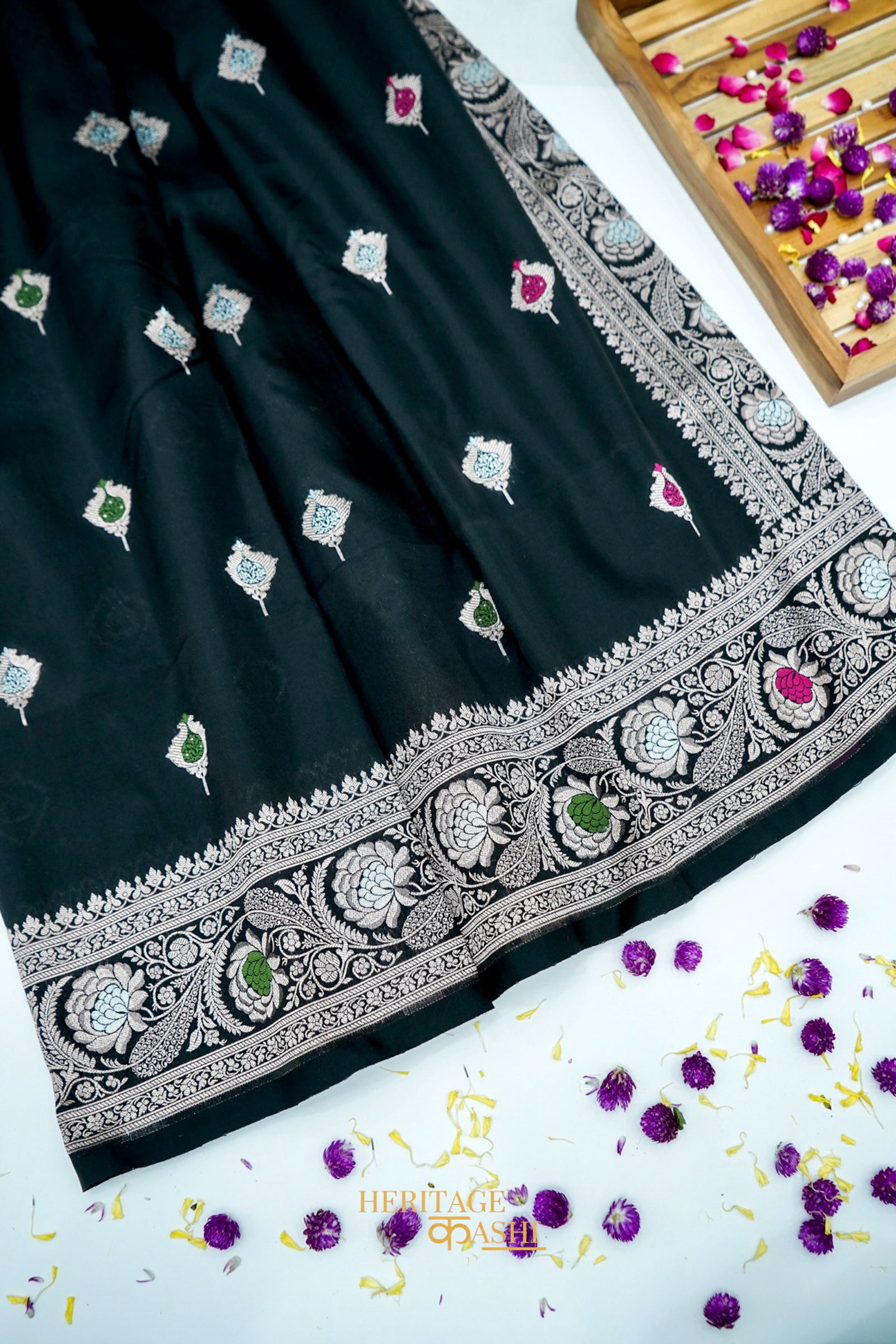 Black Katan Silk Meenakari Motifs Saree