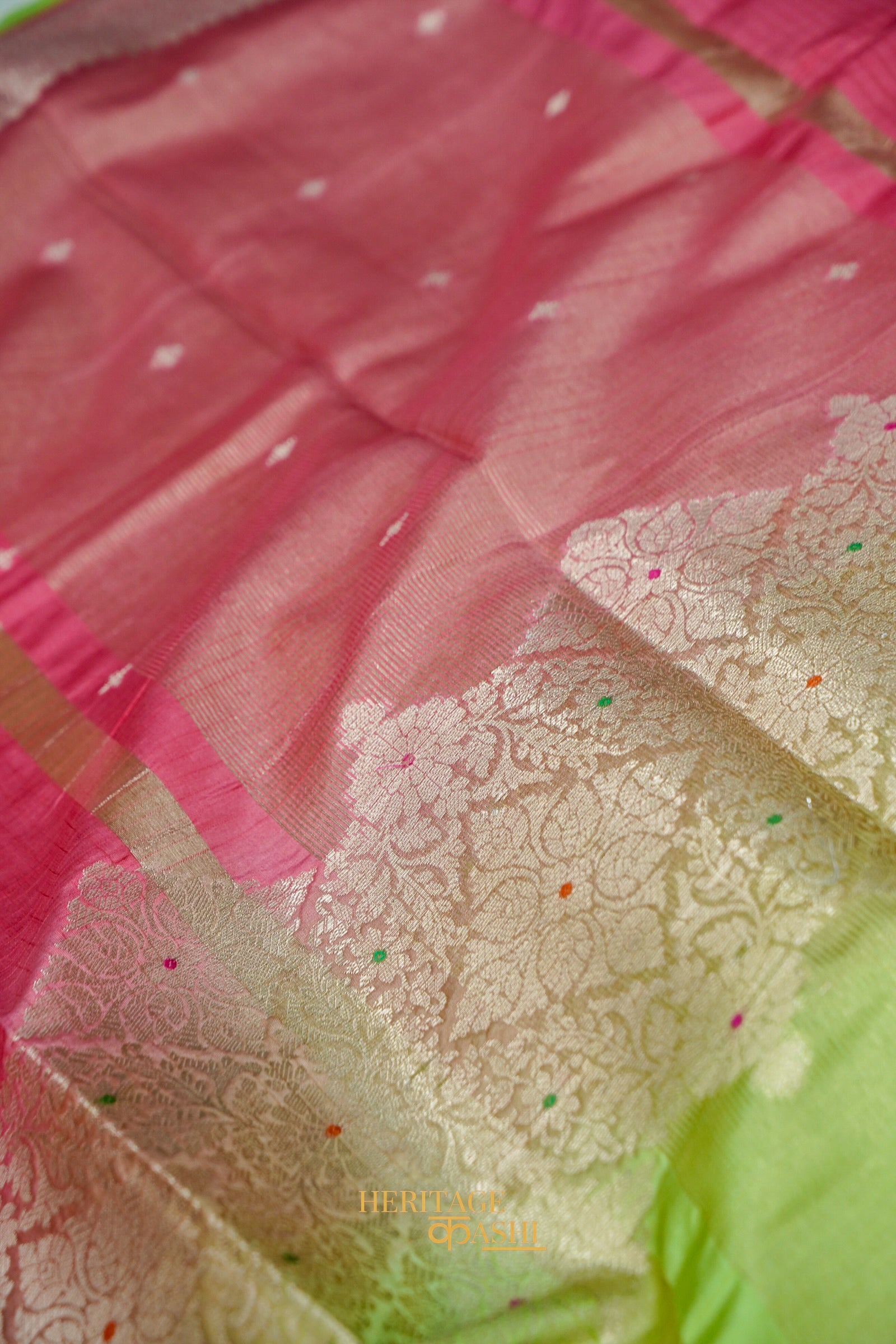 Rani Pink & Pista Green Katan Silk Banarasi Saree with Floral Zari Divider