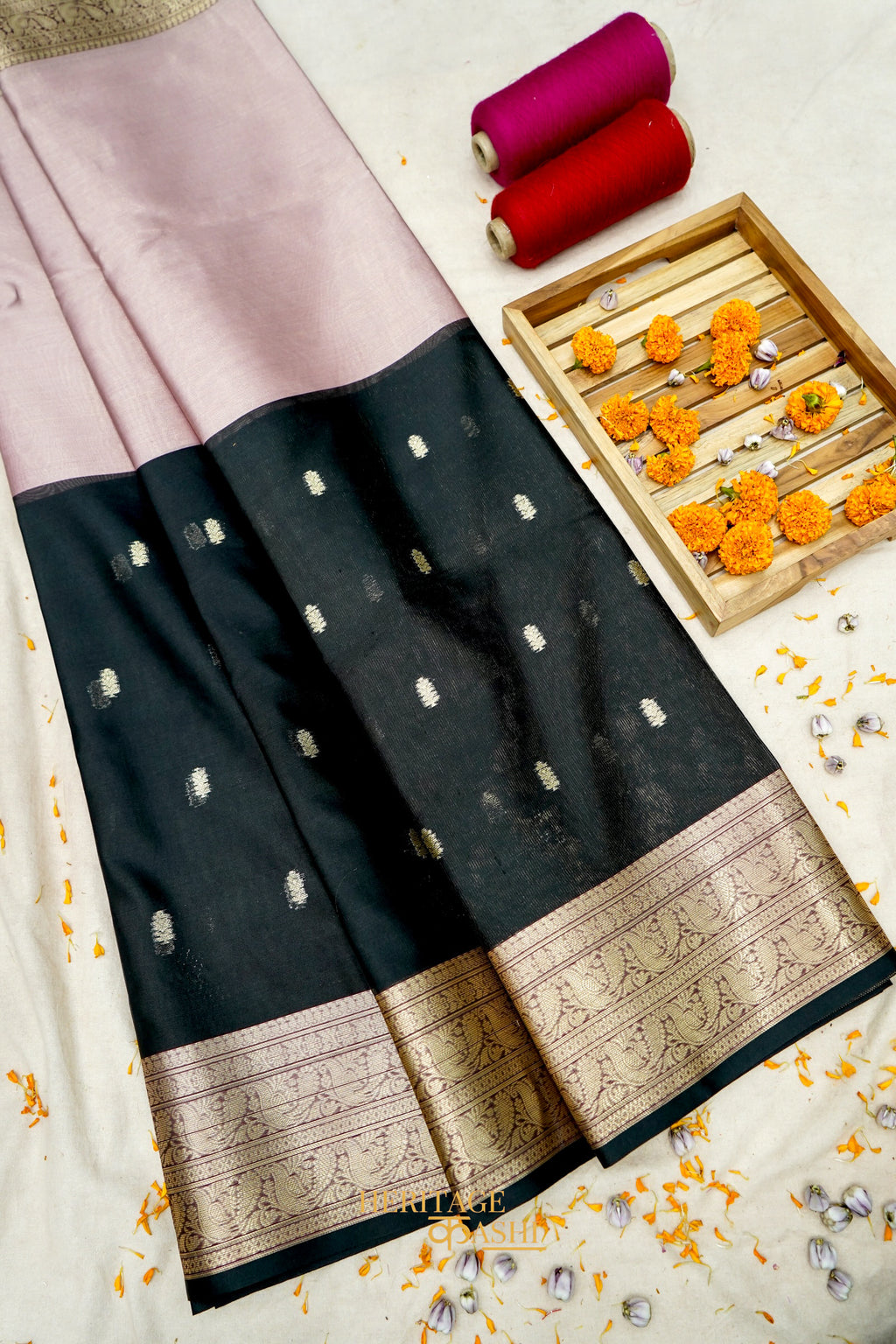 Rose Pink With Black Fancy Tissue Zari Buti Weaved Silk Saree