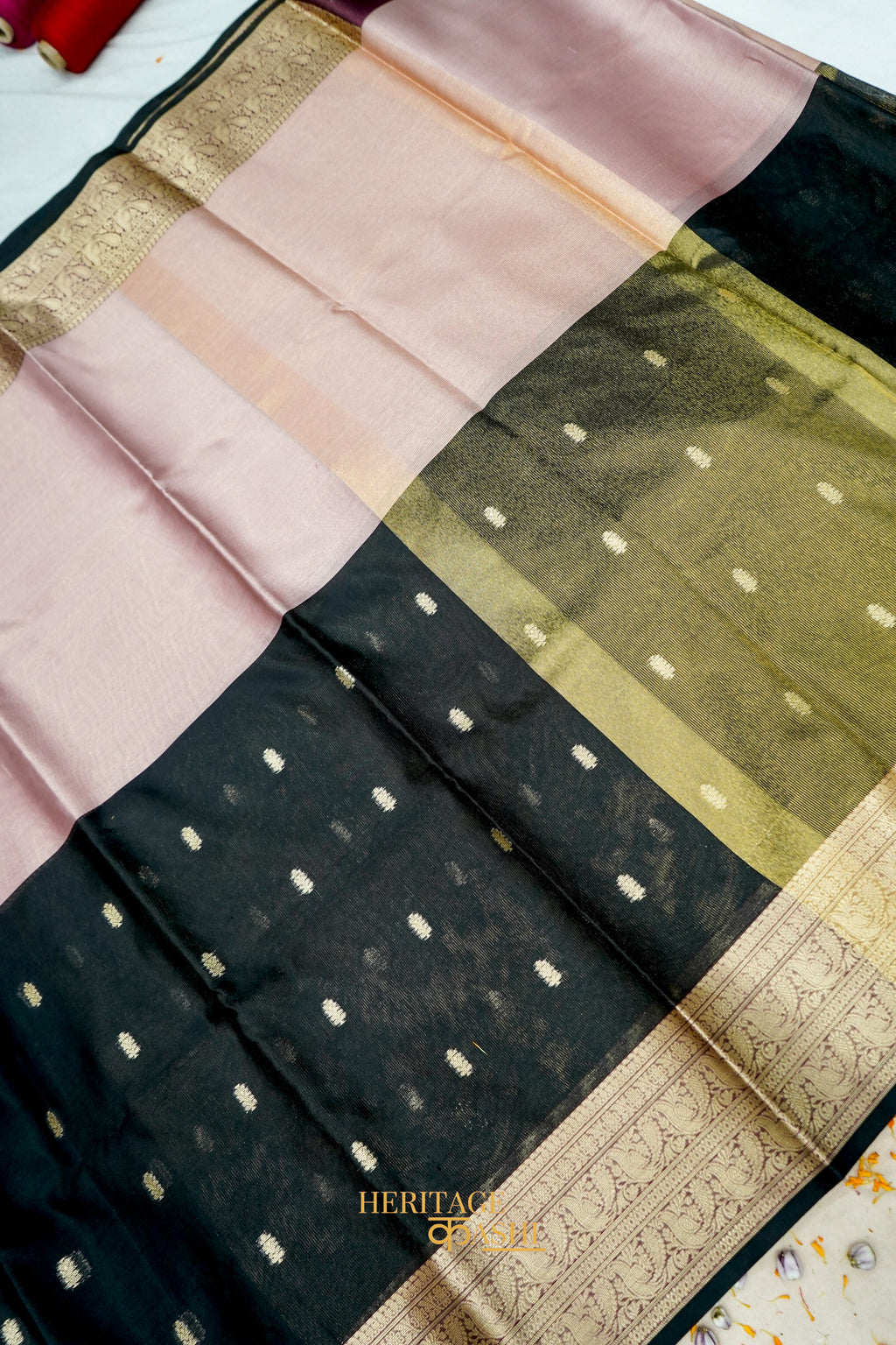 Rose Pink With Black Fancy Tissue Zari Buti Weaved Silk Saree