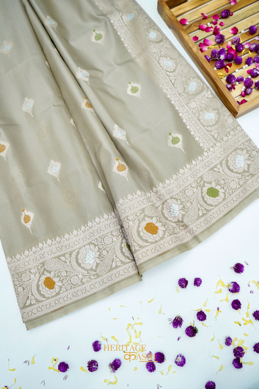Sage Grey Katan Silk Meenakari Motifs Saree