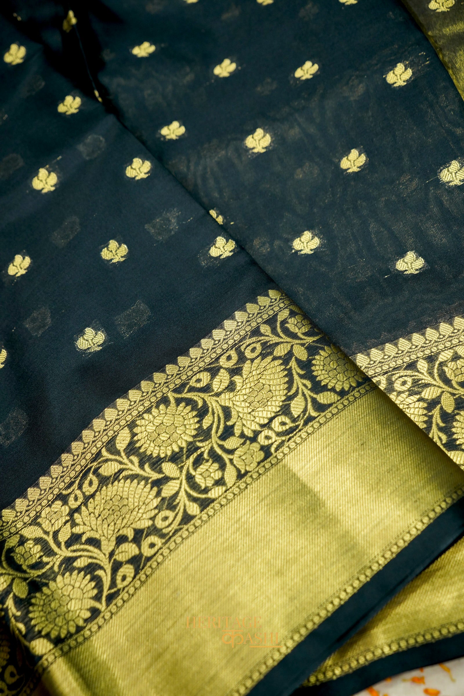 Golden & Black Fancy Tissue Zari Buti Woven Banarasi Silk Saree