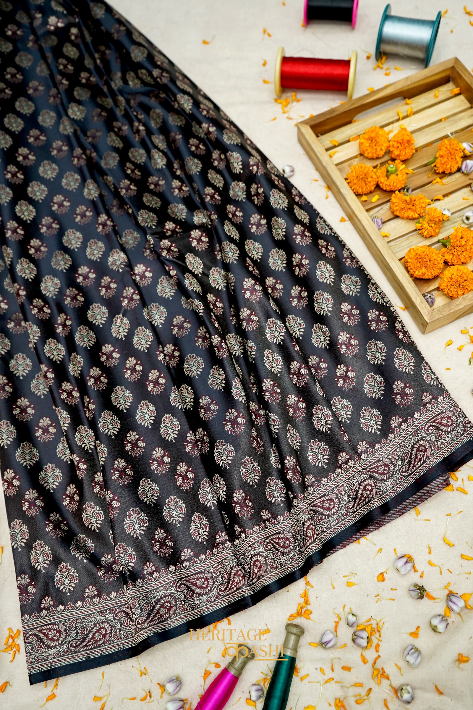 Black Satin Reshami Dohra Ektara Banarasi Silk Saree