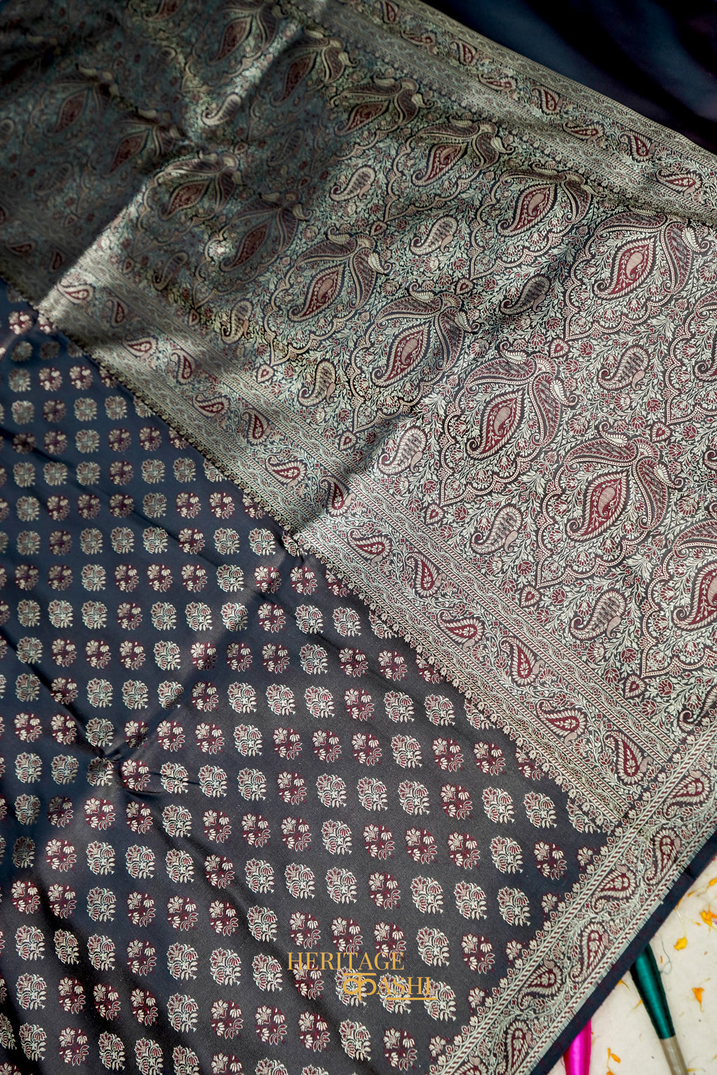 Black Satin Reshami Dohra Ektara Banarasi Silk Saree