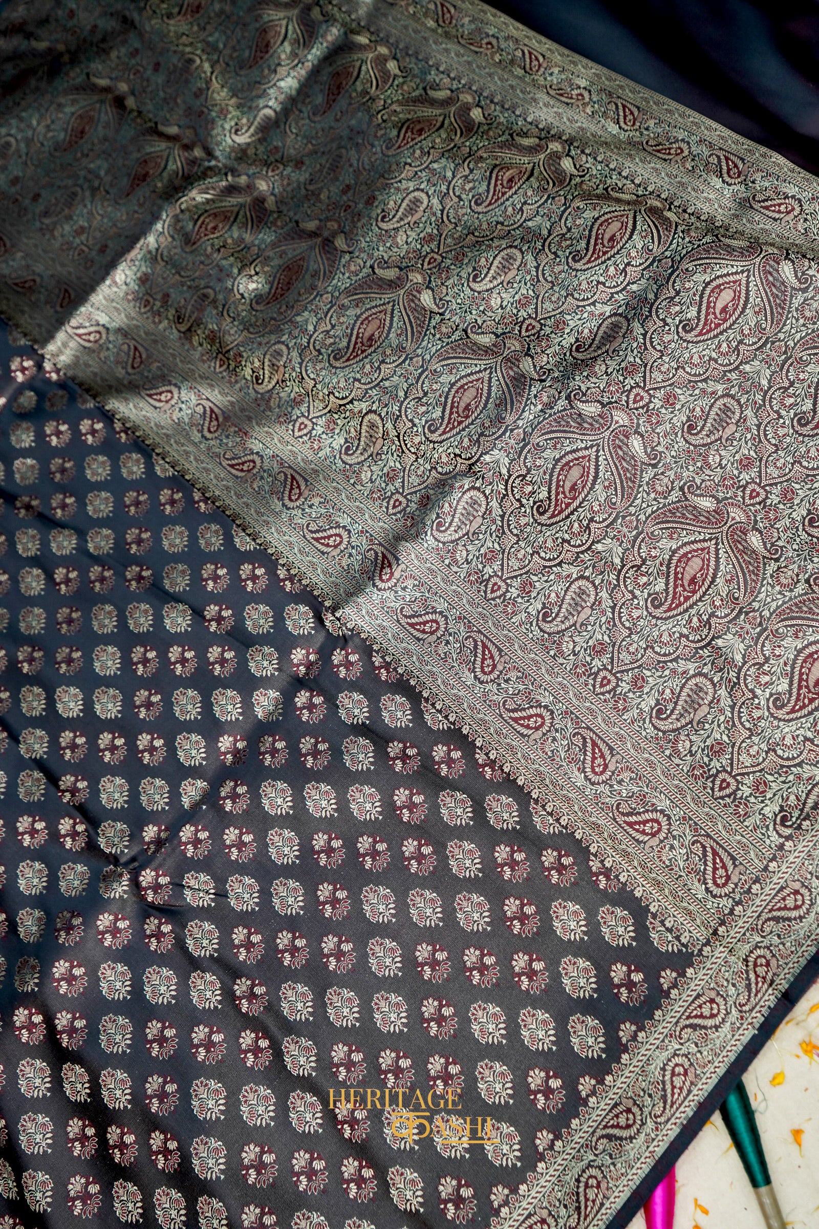 Black Satin Reshami Dohra Ektara Banarasi Silk Saree