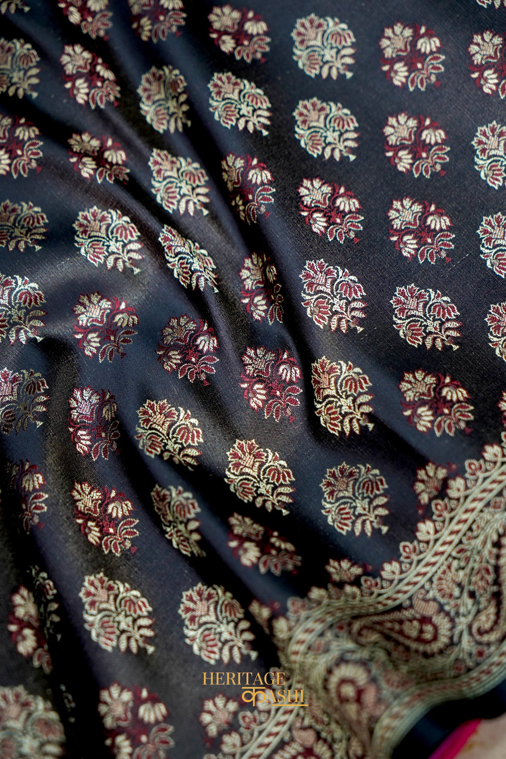 Black Satin Reshami Dohra Ektara Banarasi Silk Saree